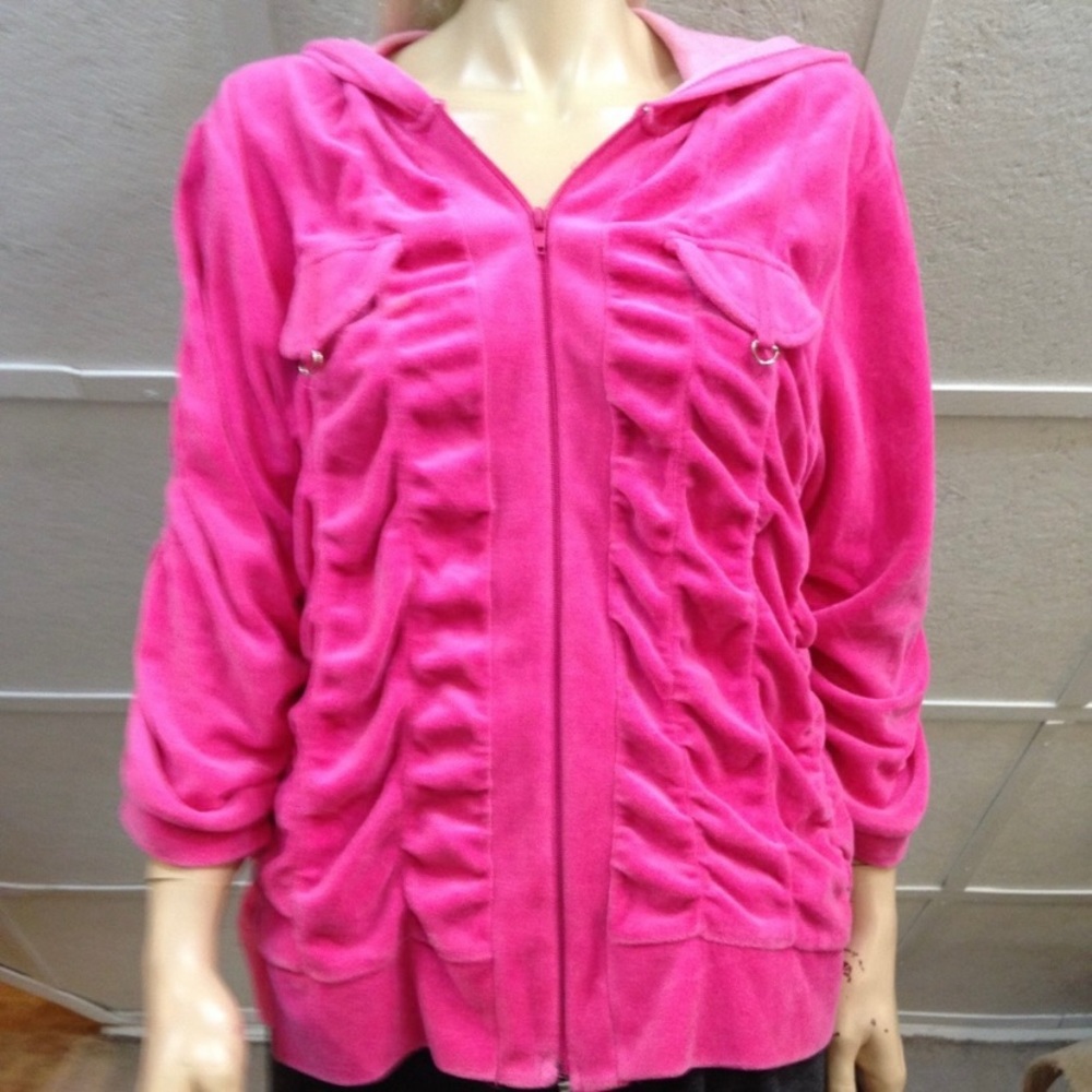 MKM Designs, Pink- Fuchsia, Hooded Velvet Zip Jacket (L)